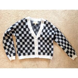 Industry Black Gray Checkered Fuzzy Knit Cardigan Sweater Small